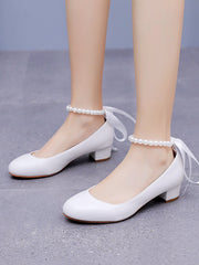 Round Toe Chunky Heels Beaded Wedding Shoes