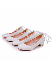Beaded Ribbons Chunky Heels Round Toe Wedding Shoes