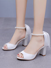 Simple Peep Toe Ribbons Chunky Heel Sandals