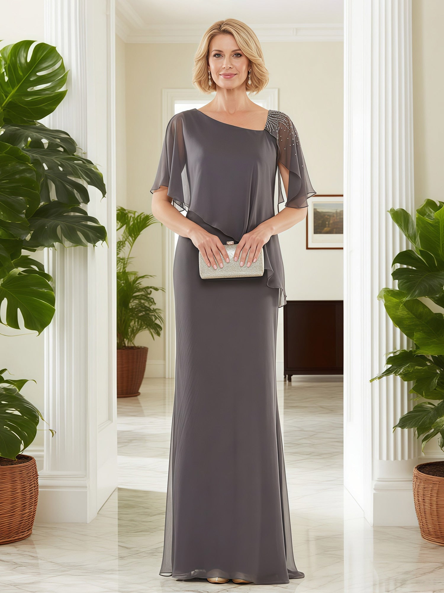 BABARONI Chiffon Steel Grey Mother of the Bride Dresses Sheath/Column ...