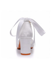 Simple Peep Toe Ribbons Chunky Heel Sandals