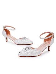 White Lace and Rhinestone Kitten Heels Wedding Shoes