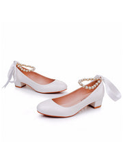 Beaded Ribbons Chunky Heels Round Toe Wedding Shoes