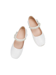 White soft-soled Pearl-buckle Leather Shoes