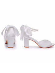 Simple Peep Toe Ribbons Chunky Heel Sandals