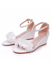 White Floral Open Toe Wedge Heels Beach Sandals