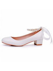 Beaded Ribbons Chunky Heels Round Toe Wedding Shoes