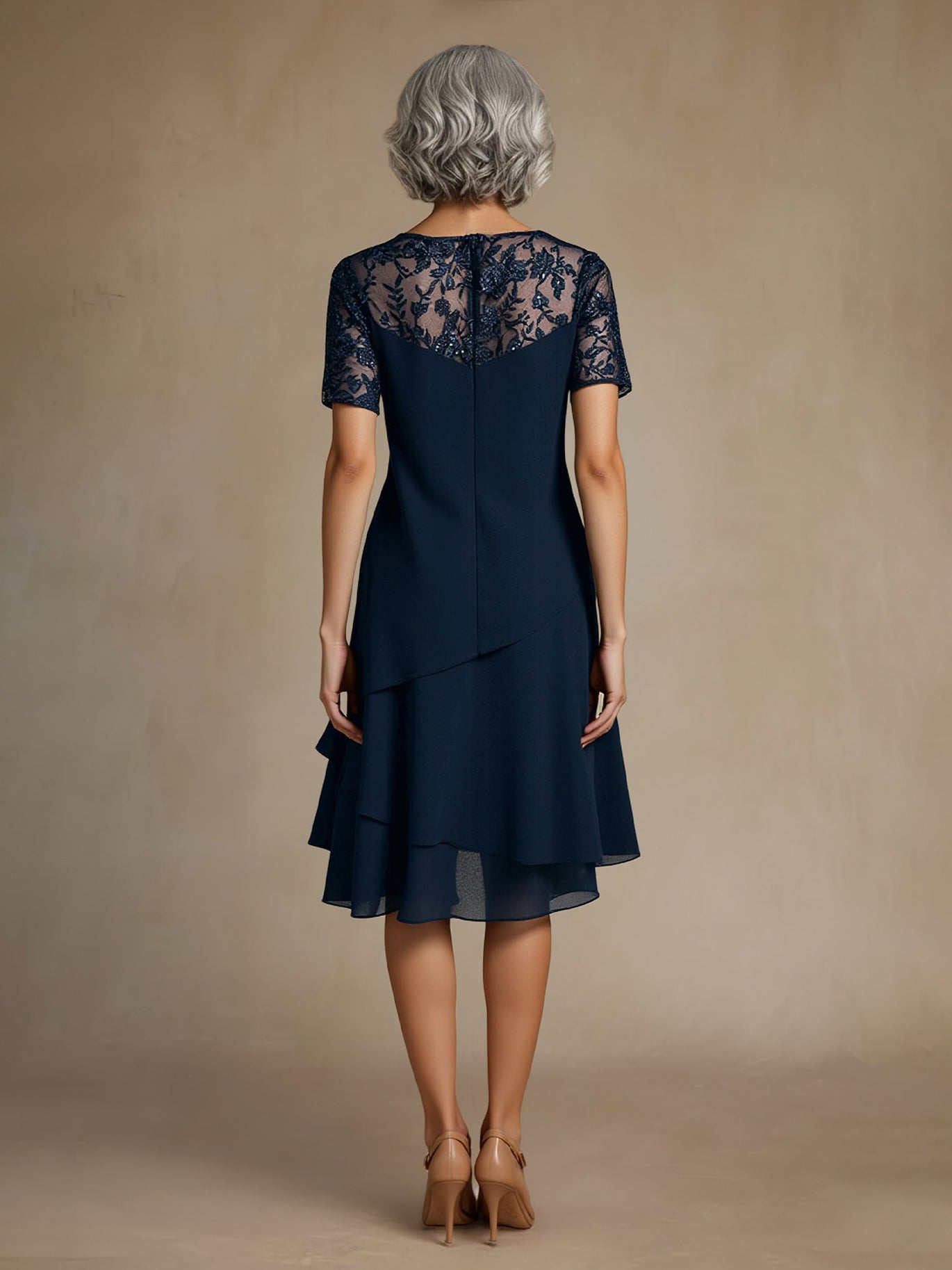 BABARONI Chiffon Dark Navy Mother of the Bride Dresses A-line Illusion Knee- length Short – BABARONI UK
