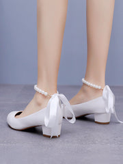 Round Toe Chunky Heels Beaded Wedding Shoes