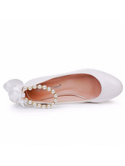 Beaded Ribbons Chunky Heels Round Toe Wedding Shoes