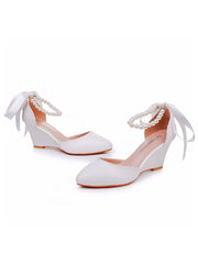 Pointed Toe Ribbons Wedge Heels Women's Wedding Shoes