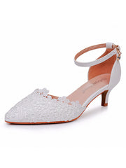 White Lace Embellished Stiletto Pointed Toe Sandals