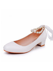 Beaded Ribbons Chunky Heels Round Toe Wedding Shoes