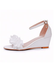 White Floral Open Toe Wedge Heels Beach Sandals