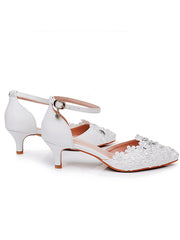 White Lace and Rhinestone Kitten Heels Wedding Shoes
