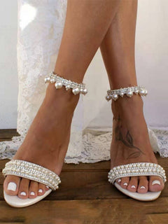 Open Toe Pearl Ankle Strap Block High Heels