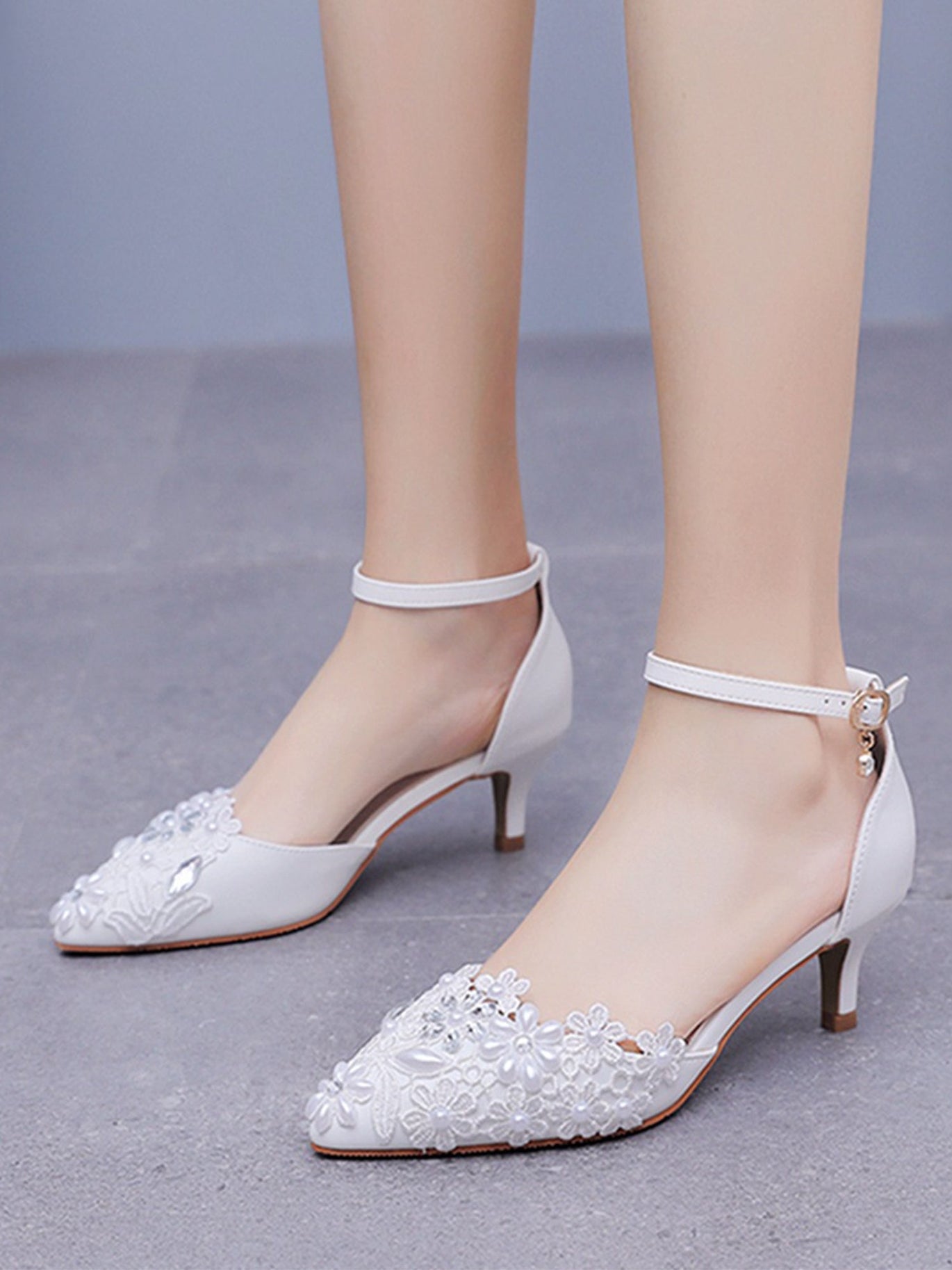 White Lace and Rhinestone Kitten Heels Wedding Shoes – BABARONI UK