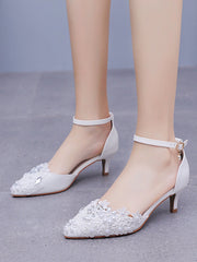 White Lace and Rhinestone Kitten Heels Wedding Shoes