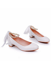 Beaded Ribbons Chunky Heels Round Toe Wedding Shoes