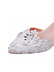 White Lace and Rhinestone Kitten Heels Wedding Shoes