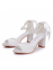 Simple Peep Toe Ribbons Chunky Heel Sandals