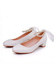 Beaded Ribbons Chunky Heels Round Toe Wedding Shoes