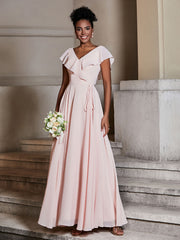 V-neck Cap Sleeves Chiffon Bridesmaid Dresses Pearl Pink