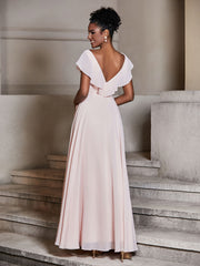 V-neck Cap Sleeves Chiffon Bridesmaid Dresses Pearl Pink