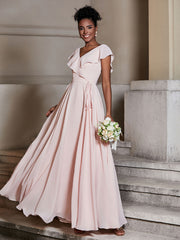 V-neck Cap Sleeves Chiffon Bridesmaid Dresses Pearl Pink