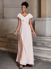 V-neck Cap Sleeves Chiffon Bridesmaid Dresses Pearl Pink