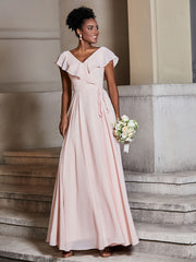 V-neck Cap Sleeves Chiffon Bridesmaid Dresses Pearl Pink