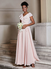 V-neck Cap Sleeves Chiffon Bridesmaid Dresses Pearl Pink