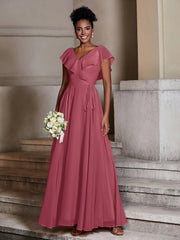 V-neck Cap Sleeves Chiffon Bridesmaid Dresses Cinnamon Rose