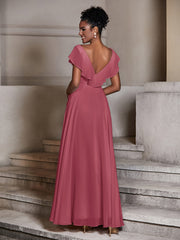 V-neck Cap Sleeves Chiffon Bridesmaid Dresses Cinnamon Rose