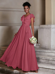 V-neck Cap Sleeves Chiffon Bridesmaid Dresses Cinnamon Rose Plus Size