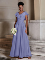 V-neck Cap Sleeves Chiffon Bridesmaid Dresses Periwinkle Plus Size