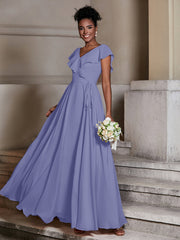 V-neck Cap Sleeves Chiffon Bridesmaid Dresses Periwinkle