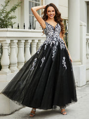 Plunging V-Neck Lace Appliqued Tulle Gown Black