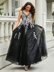 Plunging V-Neck Lace Appliqued Tulle Gown Black