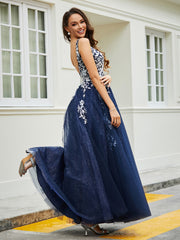 Plunging V-Neck Lace Appliqued Tulle Gown Dark Navy