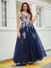 Plunging V-Neck Lace Appliqued Tulle Gown Dark Navy Plus Size