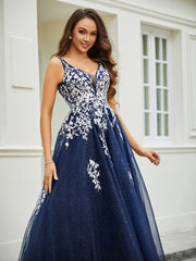 Plunging V-Neck Lace Appliqued Tulle Gown Dark Navy Plus Size