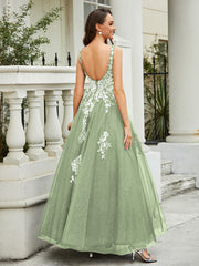 Plunging V-Neck Lace Appliqued Tulle Gown Dusty Sage