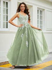 Plunging V-Neck Lace Appliqued Tulle Gown Dusty Sage