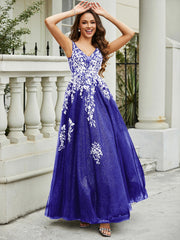 Plunging V-Neck Lace Appliqued Tulle Gown Royal Blue