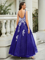 Plunging V-Neck Lace Appliqued Tulle Gown Royal Blue Plus Size
