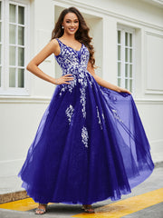 Plunging V-Neck Lace Appliqued Tulle Gown Royal Blue