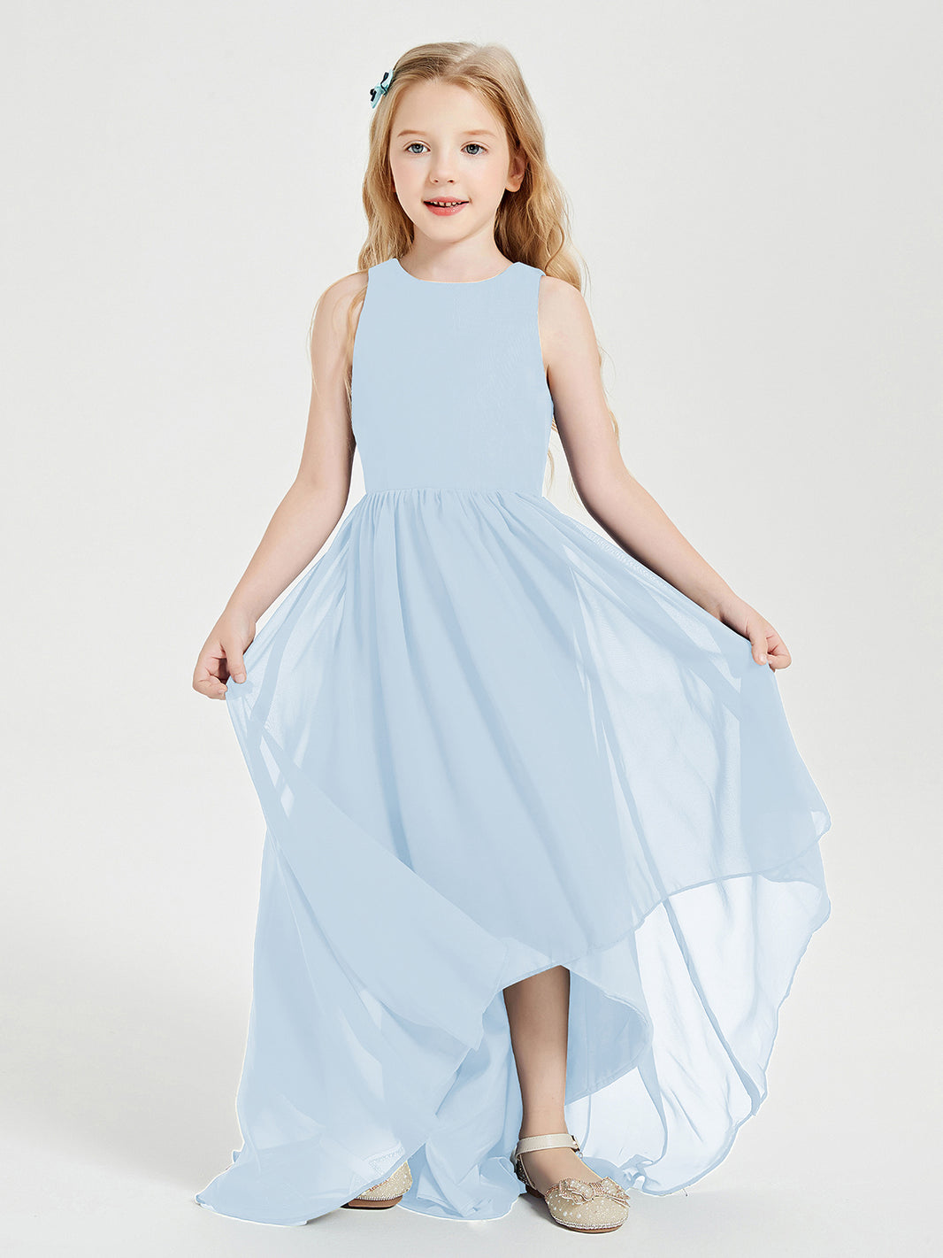 BABARONI Chiffon Sky Blue Junior Bridesmaid Dresses A-line Bateau  Asymmetrical Sleeveless – BABARONI UK