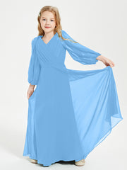 Modest Long Sleeved Junior Bridesmaid Gowns Blue