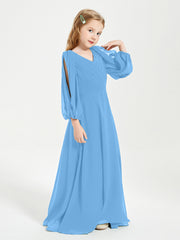 Modest Long Sleeved Junior Bridesmaid Gowns Blue